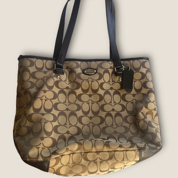 Authentic Coach Jacquard Monogram Tote Purse Brown Tan with Leather Trim - Picture 15 of 15